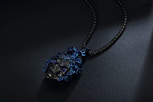 Yami Necklace For Men, Skull Viking Ghost Rider Large Pendant Titanium Steel, Goth Cool Flame Anime Berser Norse Amulet Halloween Jewelry Gifts For Boyfriend/Brother, Black- Blue #TOP1