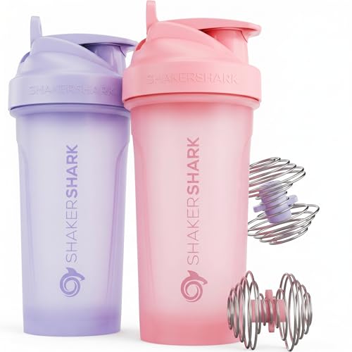 Hydra Cup 2 Pack 28oz Beats Clumps Protein Shaker Bottle (Pink/Purple) | Smoother Shakes, Less Effort. ShakerShark patented whisk, nearly 3X heavier than a shaker ball. Thick shakes, carry handle.