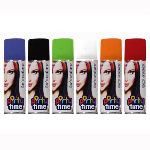 6PC Party Time Temporary Hair Colour Spray: Orange, White, Purple, Black, Green & Red 6 x 133ml Assortment
