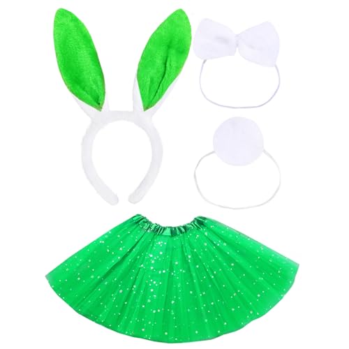 amivoo Bunny Costume Set, Easter Bunny Ears Headband with Skirt, Bowtie and Tail, Halloween Rabbit Costume Accessories Set (Green)