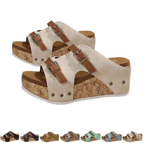 Women's Platform Wedge Sandals Faux Cork Footbed Sandals Comfortable Open Toe Casual Dressy Summer Beach Shoes 2026 New (Beige,2