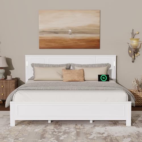 JIVOIT Farmhouse Style King Size Bed with Tall-Panel Headboard &