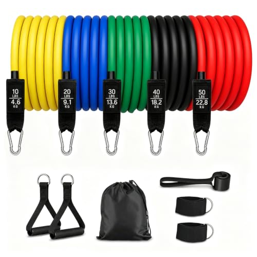 Exercise Bands with Handles,Resistance Bands Stackable up to 150lbs,Door Anchor and Ankle Straps, 5 Resistance Levels Fitness Bands for Strength