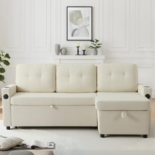 Image of 82 inch Pull Out Sofa Bed,L-Shape Modern Sleeper Sofa, Upholstered Sectional Couch with USB Port and Side Pockets for Living Room and Guest Room (Beige)