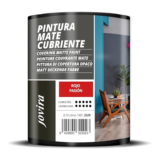 JOVIRA PINTURAS Pintura Mate Cubriente | 24 colores | Pintura interior-exterior con excelente poder cubriente. (750 Mililitros, Rojo Pasión)-T