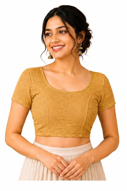 Suyu Women's Stretchable Readymade Blouse | Cotton Spandex Self Design Half Sleeve Round Neck Saree Blouse | Regular Fit Party, Wedding for Women-image-2