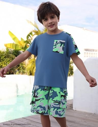 Image of mksodopy Boys Summer Outfit Set 2 Piece T Shirt and Camo Shorts Casual Clothes for Little Big Boys 5-16