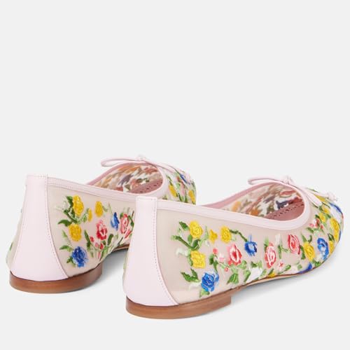 Women's Pink Ballet Flats - Embroidered Mesh Mary Jane Shoes, Slip-On Round Toe Multicolor Print Bows for Party & Casual Wear2