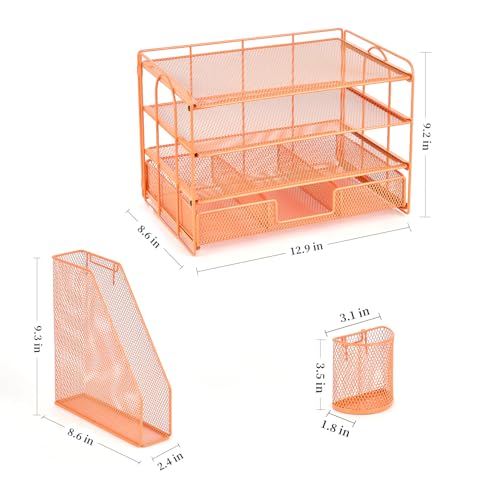 Image of gianotter Paper Letter Tray Organizer with File Holder, 4-Tier Desk Accessories & Workspace Desk Organizers with Drawer and 2 Pen Holder for Office Supplies (Orange)