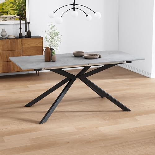 Crlnaup Mesa de comedor extensible extensible automáticamente, mesa de comedor rectangular, mesa de café, 150/180 x 70 x 76 cm, diseño de sacro, diseño de cemento, color negro y gris