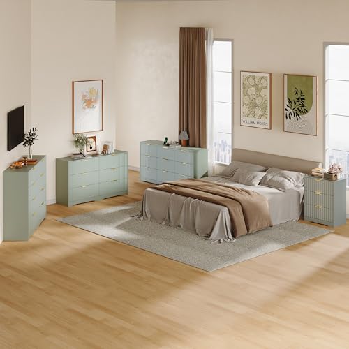 Image of Fluted 8 Drawer Dresser for Bedroom, 55 inch Wide Modern Wooden Chest of Drawers with Metal Handles, TV Stand & Closet Storage Organizer for Living Room,Hallway, Green