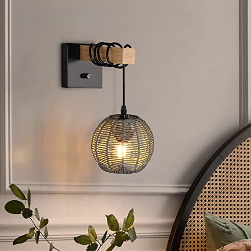 Hymela N01 Rattan Wall Sconce With Hand Woven Shade, Boho Wall Lamp With Dimmer On/Off Switch, Farmhouse Wall Mount Light Fixture, Plug In Wall Sconces For Bedroom Living Room Kitchen(Bulb Included) #TOP6