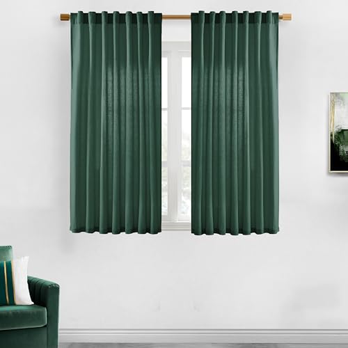 Image of XTMYI Emerald Dark Green Back Tab /Hook Belt Linen Cotton Sheer Curtains for Bathroom 45 Inch Length