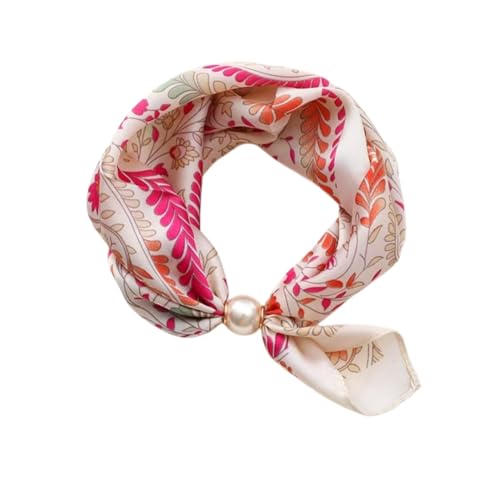 Womens Silk Pearl magnetic buckle Scarf with Charm Buckle Satin Square Scarf for Neck Retro Floral Printhair band (01-5)