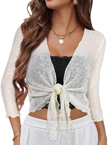 Image of Women Crop Cardigan Sheer Mesh Bolero Shrug for Dress Tie Front 3 /4 Sleeve Tops
