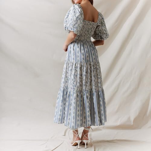 Image of Women Patchwork Dress Y2k Floral Puff Short Sleeve Maxi Dress Summer Boho Smocked Tiered Ruffle Beach Sundress
