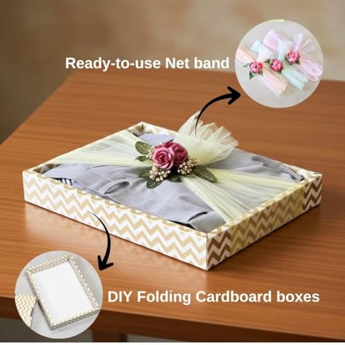 Image of SATYAM KRAFT 3 Pcs Decorative Hamper Gift Tray with Net Band | Cardboard Box for Hamper Decorations items, Festive Gifting | Packing Box for Saree, Sweets, Return Gift, Marriage, Wedding Packing (Golden)