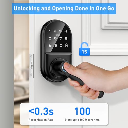 Image of Smart keypad Door Lock with Handle，Fingerprint Keyless Entry Digital Lock with Built-in doorbell for Front Door,Bedroom,biometric Door knob, APP Control