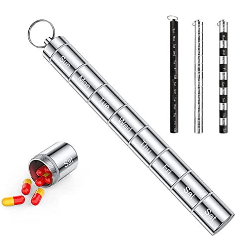 Portable Metal IPX9 Waterproof Diving Weekly Pill Organizer Aluminum Alloy 7Days Pill Box Outdoor Travel Hiking 14Days Pill Box Storage TankWith Keychain with Expansion Connector (Silver)