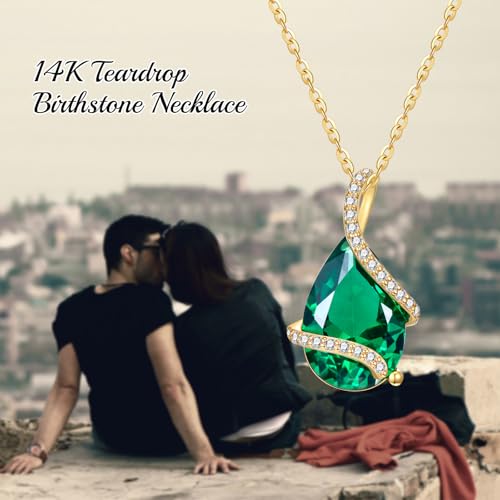 Solid 14K Gold Pear Shaped Birthstone Necklace for Women, 4 Carat Teardrop Created Gemstone Pendant Necklaces Fine Jewelry Gifts for Mom Nana Mother's Day Birthday Christmas, 16"+2" 5