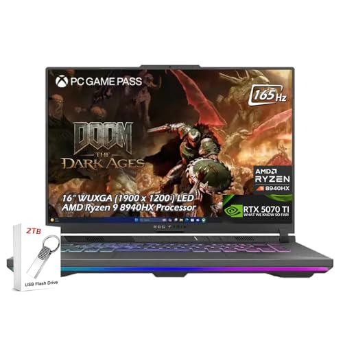 Image of ASUS ROG Strix G16 Gaming Laptop, 16 inch WUXGA 16:10 LED IPS 165Hz Anti-Glare 300 nits, AMD Ryzen 9 8940HX, RTX5070Ti, 32GB RAM 1TB SSD, Wi-Fi6E, Backlit KB, Win11, Eclipse Gray, 2TB USB Drive, W /GaLiMu
