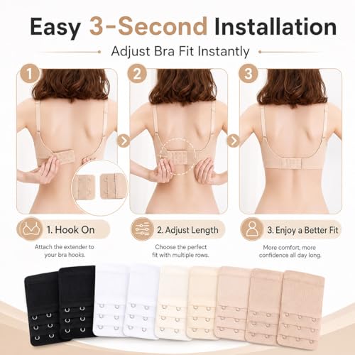 Image of 12 PCS Bra Extenders 3 Hooks, Elastic Extension Strap for Women, Comfortable and Soft Plus Size Bra Extender (Black, White, Nude, Beige)