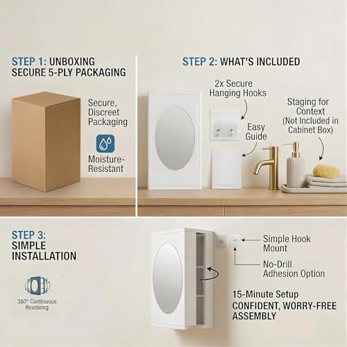 Image of 360 Revolving Bathroom Mirror Cabinet - Wall Mounted Storage Organizer with Hidden Shelves, White, 42x22x15 cm - Ideal for Small Bathrooms, Grooming, Makeup & Shaving (No-Drill Install)