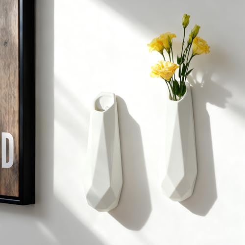 JIDOFUE Lot de 2 vases muraux suspendus en céramique, 7,9 pouces, supports muraux pour plantes d'intérieur, vase mural blanc pour décoration et fleurs