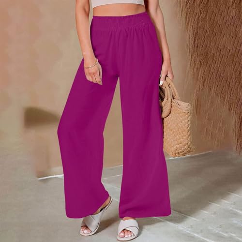Palazzo Pants for Women Casual, Plus Size Smocked High Waisted Flowy Pants Wide Leg Linen Trousers with Pockets 20252