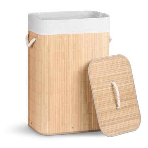 VOUNOT 72L Bamboo Laundry Basket Foldable Hamper with Lid Handels and 2 Removable Liners Ideal for Bathroom Bedroom and Utility Room Natural Beige