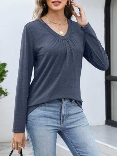 Womens Long Sleeve T Shirts V Neck Ruched Tops Loose Fit Pleated Tee Dressy Casual Tunic Blouses Fall Clothes3