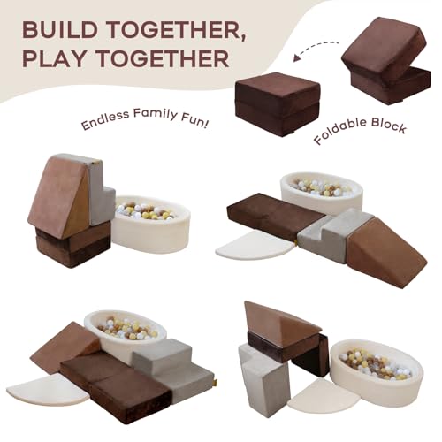Image of BanaSuper 6-Piece Climbing Toys for Toddlers, Kids Foam Blocks Playset with Ball Pit (Balls not Included), Toddler Indoor Soft Play Gym Activity Play Set for Crawling, Sliding and Playing(Grey&Brown)