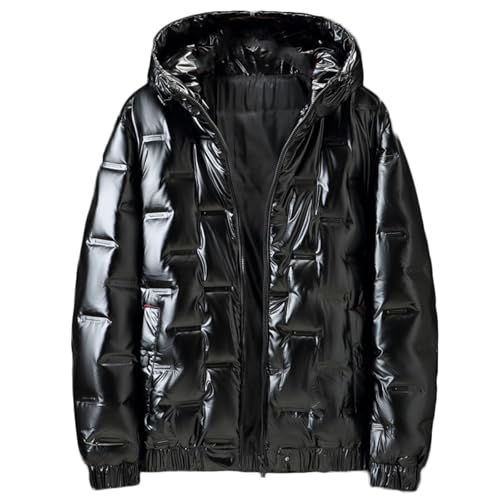 GPCHAN Men's Glossy Padded Winter Hood Coat Metallic Full Zip Down Quilted Cotton Jacket Warm Shiny Hooded Coat
