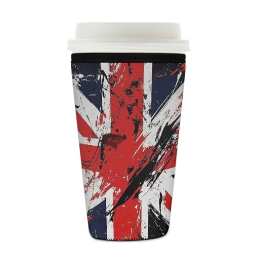 Myfsucce Funda de neopreno reutilizable para taza de café, con estampado de salpicaduras de bandera del Reino Unido, 2 mm de grosor, tamaño de 22 a 24 onzas