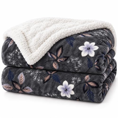 Image of BSB HOME Premium Flannel Fleece Blanket with Sherpa Reverse, 280 GSM Soft Plush Reversible Floral Blanket, Warm Cozy Winter Blanket for Bed, Sofa & Couch, 90 x 100 Inches (228 x 254 cm) - Slate Grey