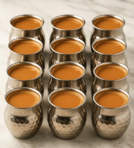 Image of STEEPLE Stainless Steel Kulhad Tea Cups 170 ml | Premium Hammered Tea & Coffee Cups | Steel Kulhad for Chai, Coffee, Milk & Juice | Drinking Cups for Home & Office (Set of 12)