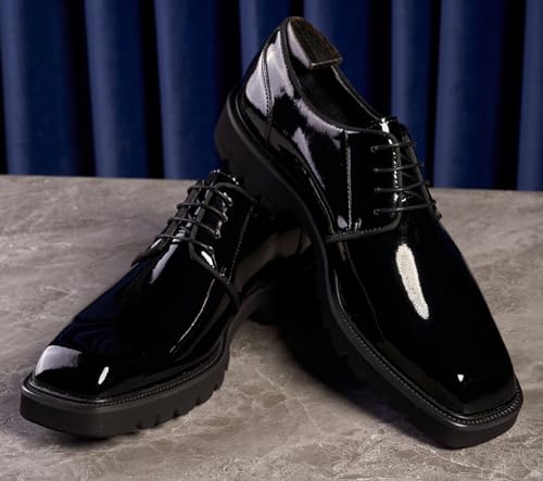 Santimon Men's Oxfords Black Formal Dress Patent Leather Handmade Unique Square Toe Derby Shoes Business Casual Thick-Soled Shoes4