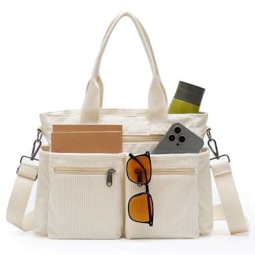 Image of YDF Corduroy Tote Bag for Women Crossbody Purse with Zipper, Aesthetic Multi Pocket Work School Bag, Gifts for Mom Teacher