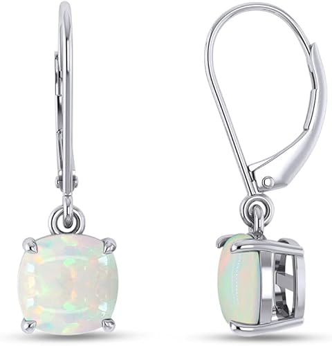Aretes colgantes de ópalo blanco natural de 3 quilates CT de 0.315 in de corte cojín en oro de 14 quilates sobre plata de ley, regalo para boda de