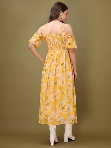 Purvaja Womens Sweetheart Neck Georgette Midi Dress (Floe-112-Yellow_Medium)