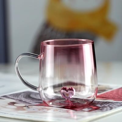 3D Heart Glass Mug, Anti-Scald Gradient Jar Heart Clear Glass Coffee Mug for Drinkware, Stylish Beverage Mugs, 400ml - for Travel Valentine's Kitchen Bar Latte House Tea Juice Cereals