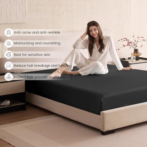THXSILK 6A+ Top Grade 100% Pure Mulberry Silk King Fitted Sheet 3Pcs Set Bed Sheets Luxury Bedding for Hair and Skin Breathable Cooling Safe Material, 1 Fitted Sheet with 2 Pillowcases, Black - Image 5