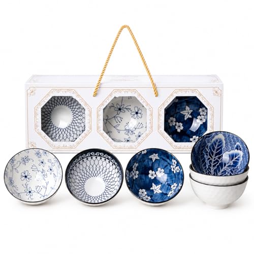 Image of YELONA Japanese Style Ceramic Bowl Set of 6 with Gift Box | 300ml for Rice, Soup, Noodles & Snacks | Handcrafted Blue Floral Porcelain Bowls | Ceramic Dinner Set for Gifting & Dining (Blue Ember)