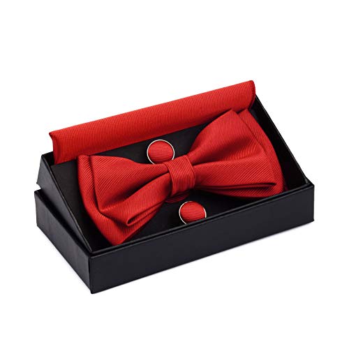 Image of GUSLESON Mens Solid Color Two Layer Pre-tied Bow Tie and Pocket Square Cufflink Set with Gift Box