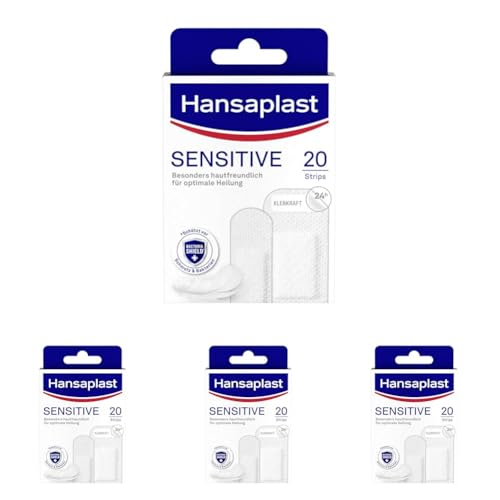 Hansaplast Enlucidos sensibles (20 tiras), resistentes a la piel e hipoalergénicos para heridas con escudo de bacterias y adhesión segura, sin dolor extraíble (Paquete de 4)
