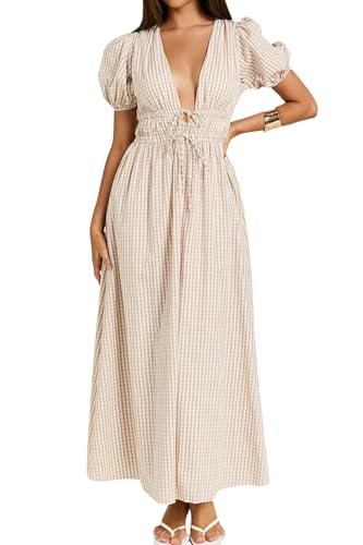 MASKAZU Lässiges Midi-Kleid für Damen, tiefer V-Ausschnitt, kurze Puffärmel, Gingham-Kleid, Beige Weiß, X-Klein