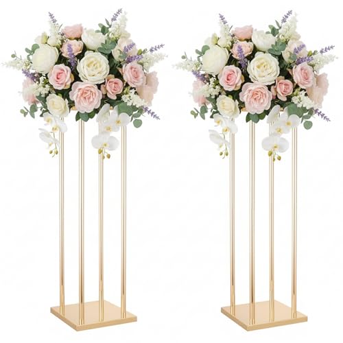 Elegant Metal Flower Wedding Centerpieces, 23.6" Tall Gold Flower Stands for Tables, 2pcs of Geometric Column Vases for Wedding Reception Birthday Party Event Christmas Home Décor