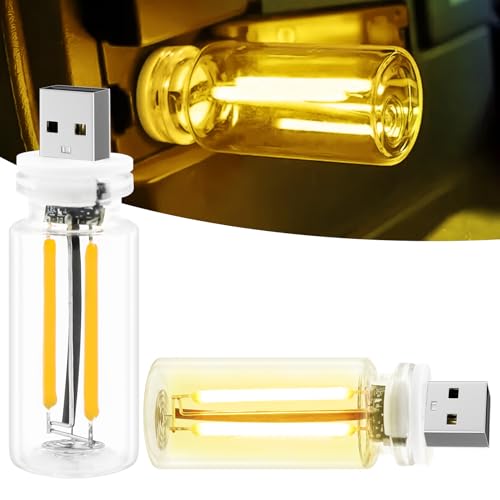 2 PCS Car USB Light Bulb, Retro Glass Bottle LED Night Lamp with Touch Dimmable Control, Portable Interior Ambient Lighting for Vehicle, Bedroom, Hallway, Gift for Christmas or Birthday, Warm White