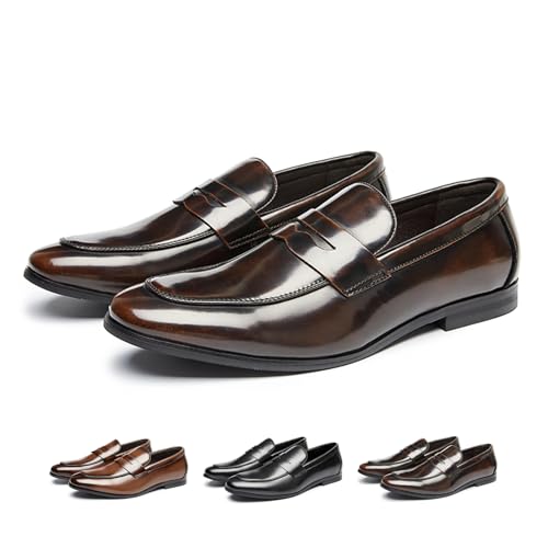 Men's Genuine Leather Slip-On Penny Loafer Fashion Classic Cap Toe Low Top Smoking Driving Moccasins Dress Shoes British Retro Tuxedo Formal Shoes for Prom Wedding Business Casual