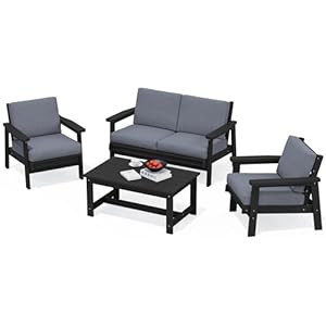 SERWALL HDPE Outdoor Furniture Set, 4 Piece All Weather Outdoor Sofa Set, Wood-Like Outdoor Sectional Couch, Patio Furniture Set for Porch Balcony Garden Backyard, Black Frame with Grey Cushions SERWALL HDPE Outdoor Furniture Set 4 Piece All Weather Outdoor Sofa Set Wood Like Outdoor Sectional Couch Patio Furniture Set for Porch Balcony Garden Backyard Black Frame with Grey Cushions